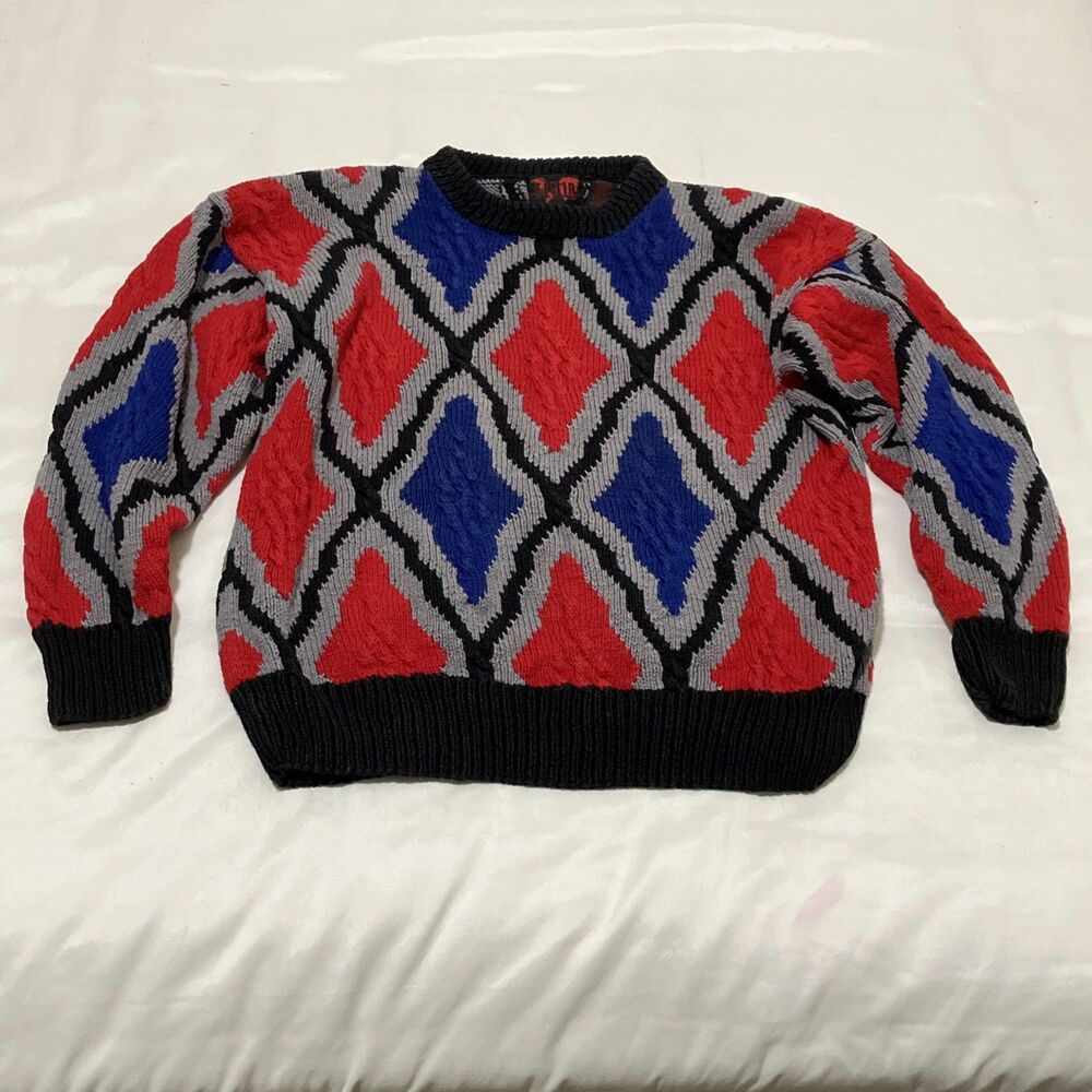 Vtg 90s Coogi Style 3D Knit Sweater L Textured Hip Hop Biggie Street Grunge Y2K